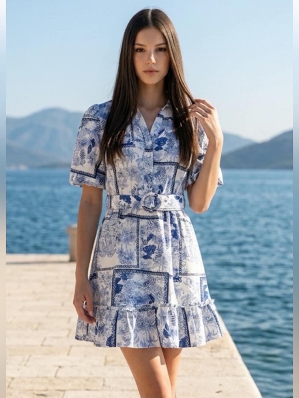 Joie White and Blue Block Print Puff-Sleeve Mini Dress with Belt Size 6